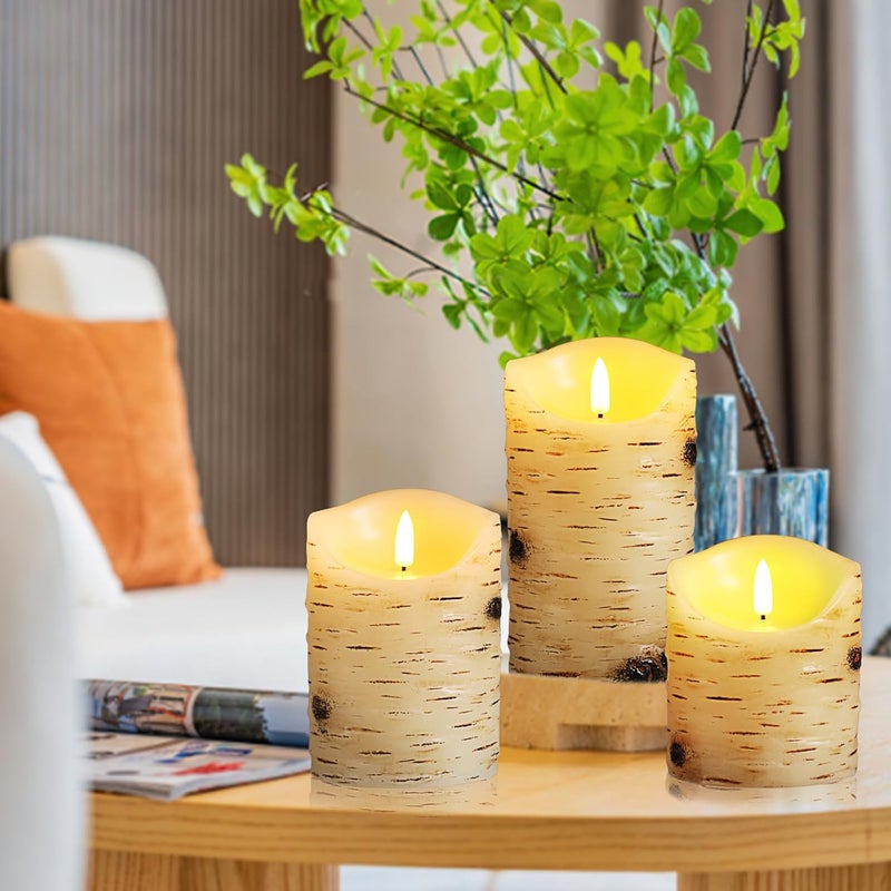 qinxiang Flameless Candles LED Candles Birch Bark Set of 3 (D 3.25" x H 4" 5" 6") Ivory Real Wax Pillar Battery Operated Candles with LED Flame 10-Key Remote Control and Cycling 24 Hours Timer - Image 5